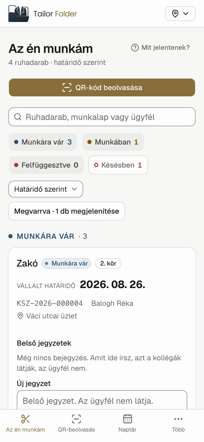 Az Az én munkám képernyő tetején a szűrő és a rendezés van: keresés, majd chipek a saját számaiddal. Mindegyik chip meg is mondja, hány darab van abban az állapotban, és rá is tudsz szűrni.